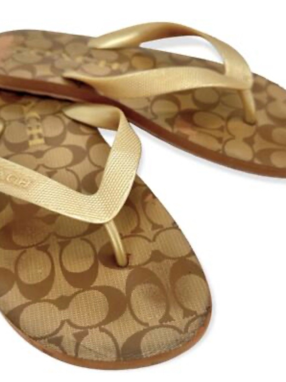 Coach Signature Logo Gold-Tone Flip Flops